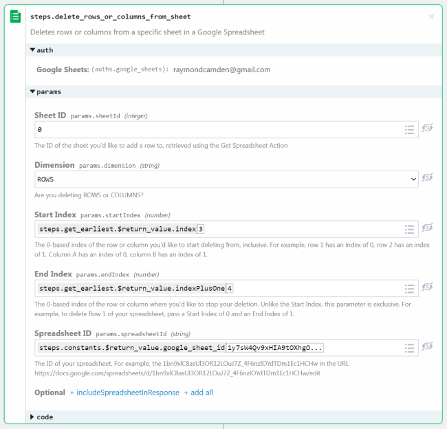 Remove row from Google Sheets step