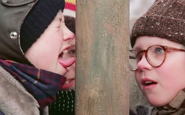Tongue stuck to cold post, shot from A Christmas Story