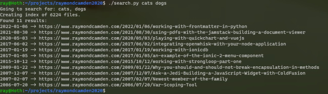 Example output from the search script.