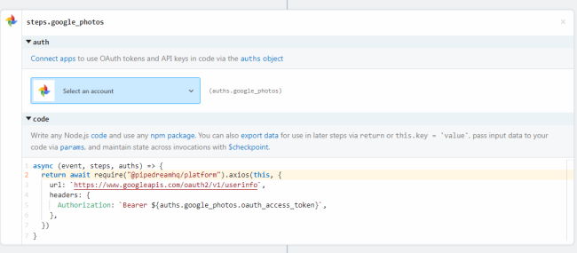 Code step for PD Google Photos action