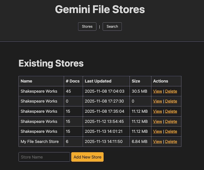 screenshot of the file store listing