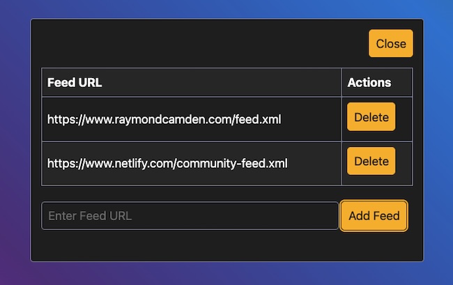 dialog to add and delete feeds