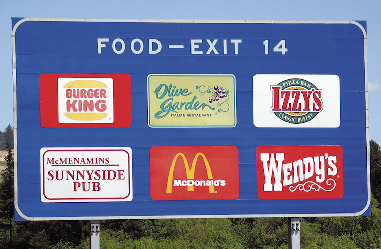 Highway sign with restaurants