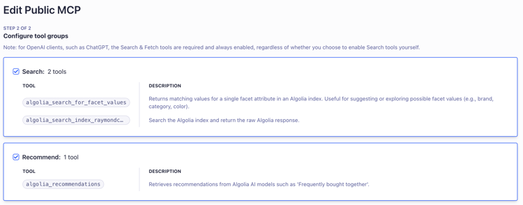 Algolia MCP Settings - Tool selection