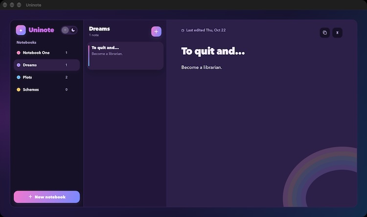 Uninote desktop app running - dark theme